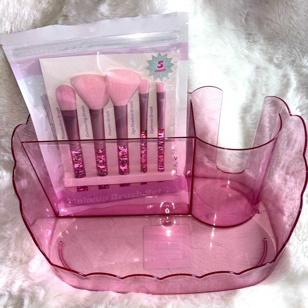 Pink Plastic Makeup Cosmetics Organizer Tray & Glitter Makeup Brushes - NWTS